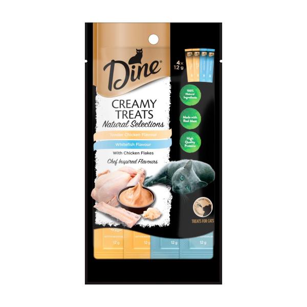 DINE CREAMY TREATS NATURAL SELECTIONS TENDER CHICKEN FLAVOUR & WHITEFISH FLAVOUR CAT FOOD 4X12G 48G