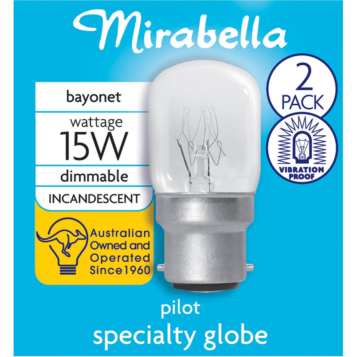 Mirabella Pilot Bayonet Cap 15w Clear Light Globe 2 Pack
