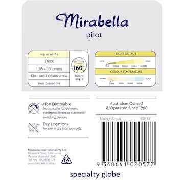 Mirabella LED Pilot T26 Edison Screw 1.2W 70lm Warm White Globe each