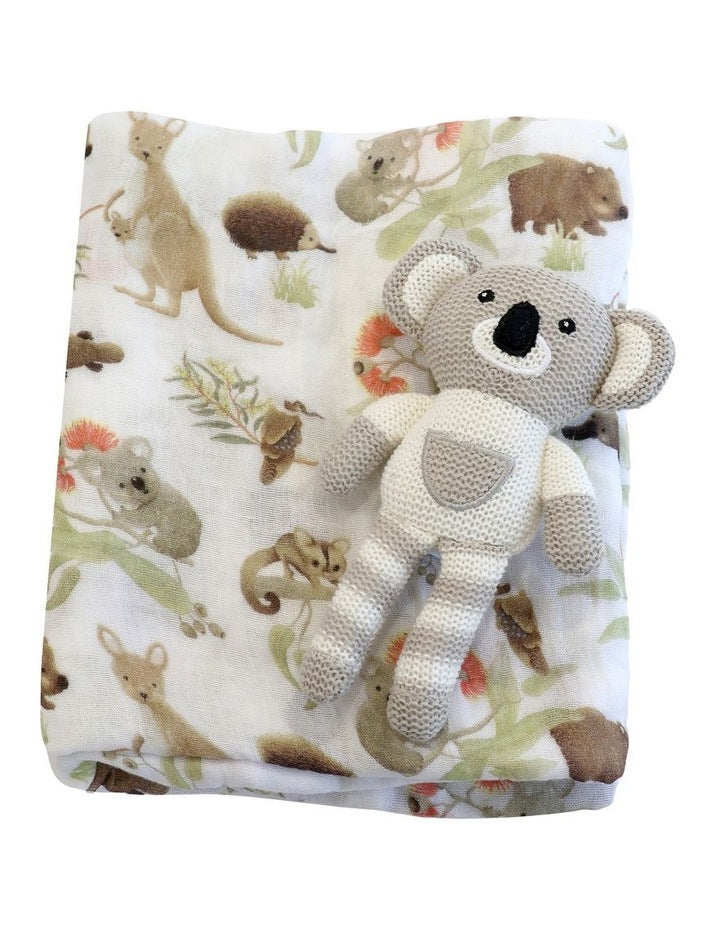 Aussie Animals Koala Knit Rattle and Muslin Swaddle Set in Grey