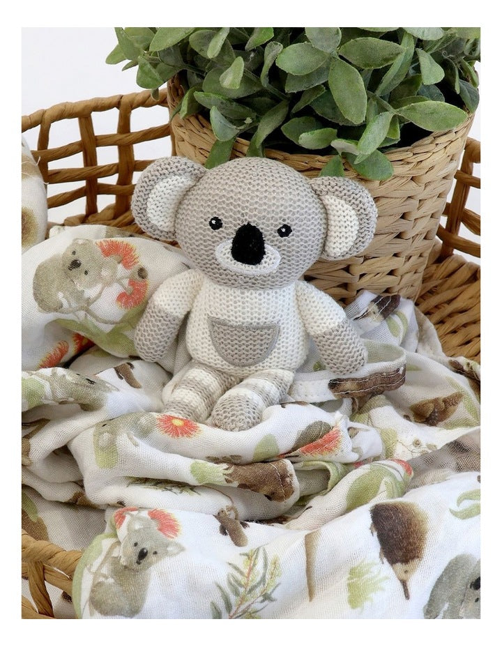 Aussie Animals Koala Knit Rattle and Muslin Swaddle Set in Grey