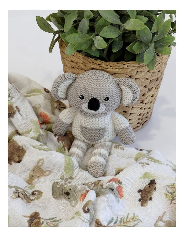 Aussie Animals Koala Knit Rattle and Muslin Swaddle Set in Grey