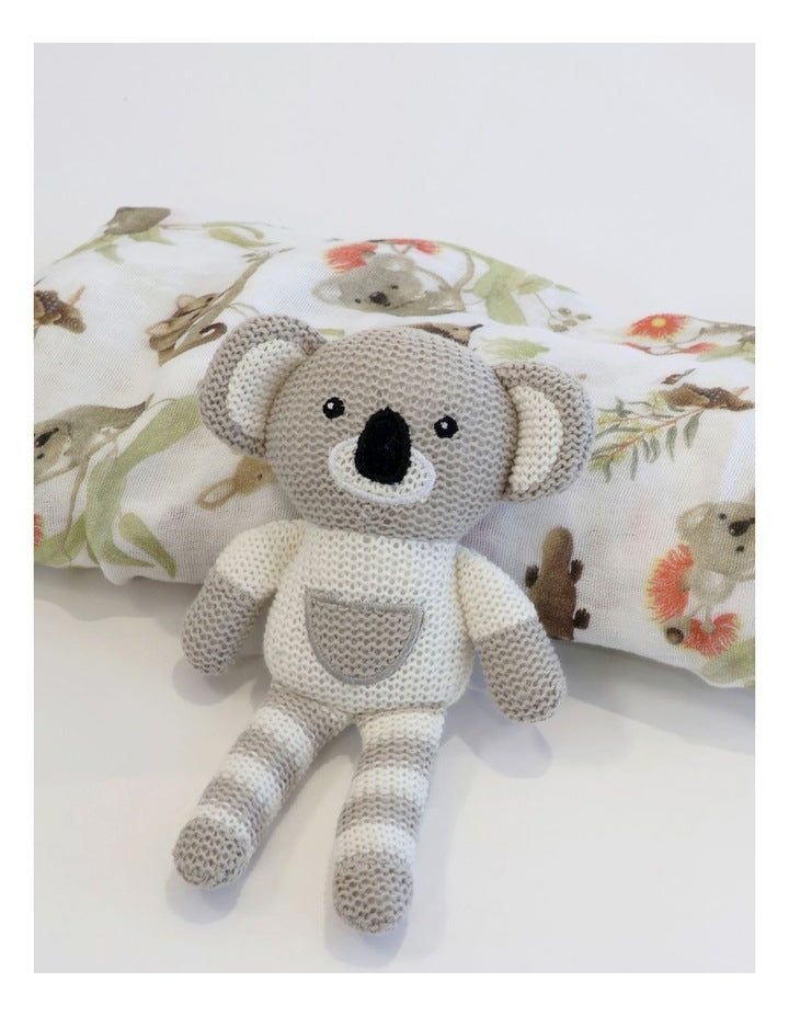 Aussie Animals Koala Knit Rattle and Muslin Swaddle Set in Grey