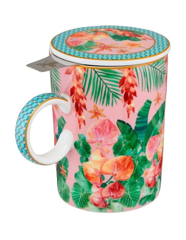 Teas & C's Tropicana Lidded Mug With Infuser 340ml Gift Boxed in Pink