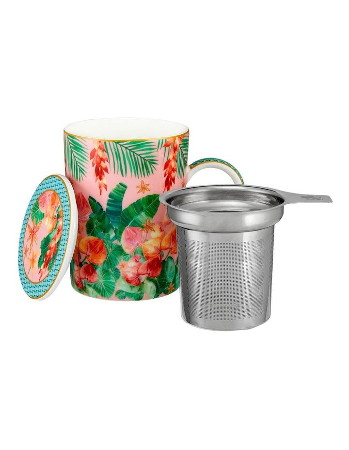 Teas & C's Tropicana Lidded Mug With Infuser 340ml Gift Boxed in Pink