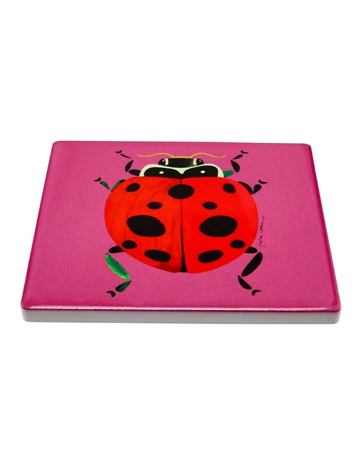 Pete Cromer Garden Party Ceramic Square Coaster 9.5cm Ladybird in Pink