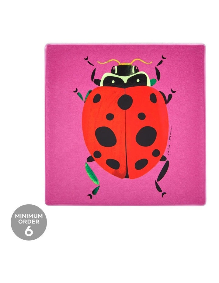 Pete Cromer Garden Party Ceramic Square Coaster 9.5cm Ladybird in Pink