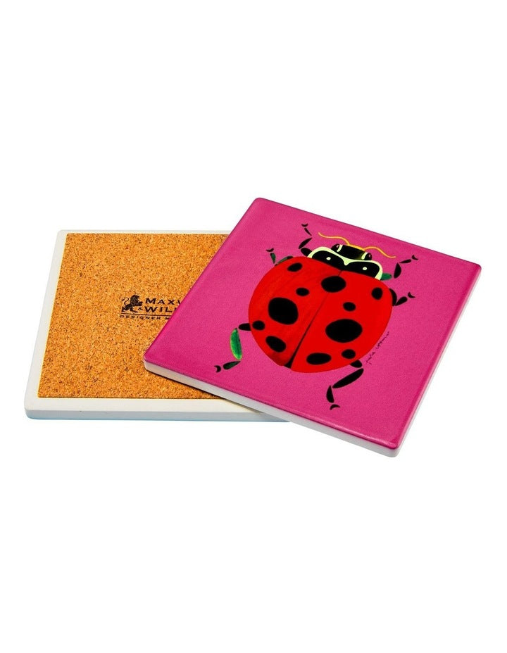 Pete Cromer Garden Party Ceramic Square Coaster 9.5cm Ladybird in Pink