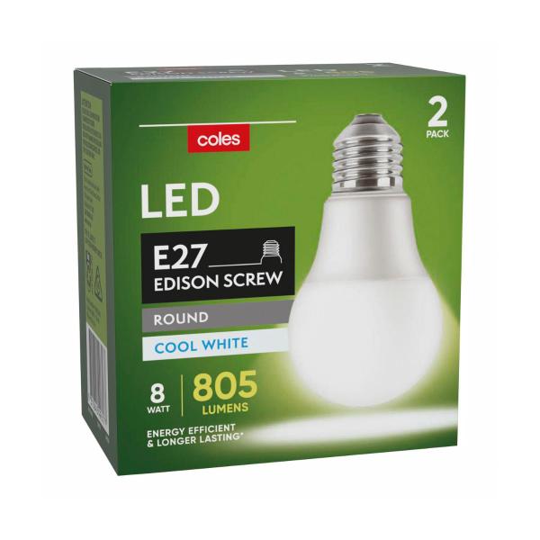 COLES LED GLOBES GLS ES 8W 805L COOL WHITE:2 PACK