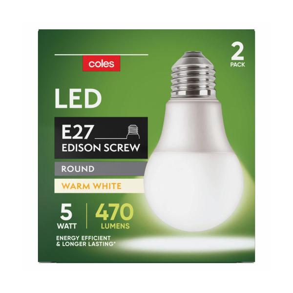 COLES LED GLOBES ES 5W WARM WHITE:2 PACK