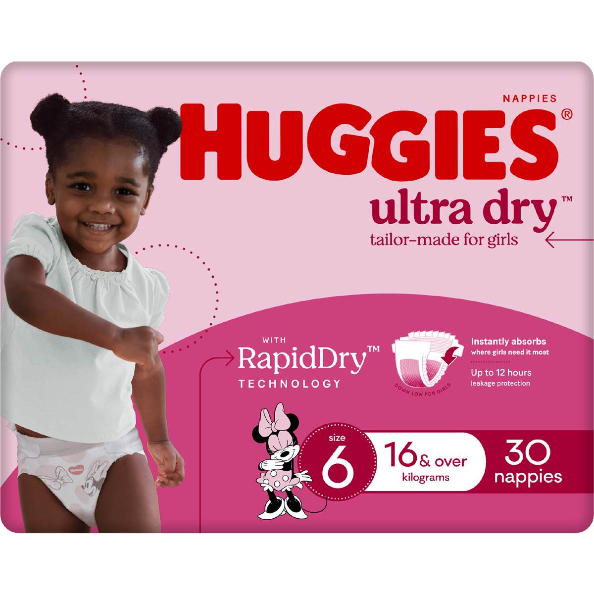 Huggies Ultra Dry Nappies Girls Size 6 (16kg+) 30 Pack