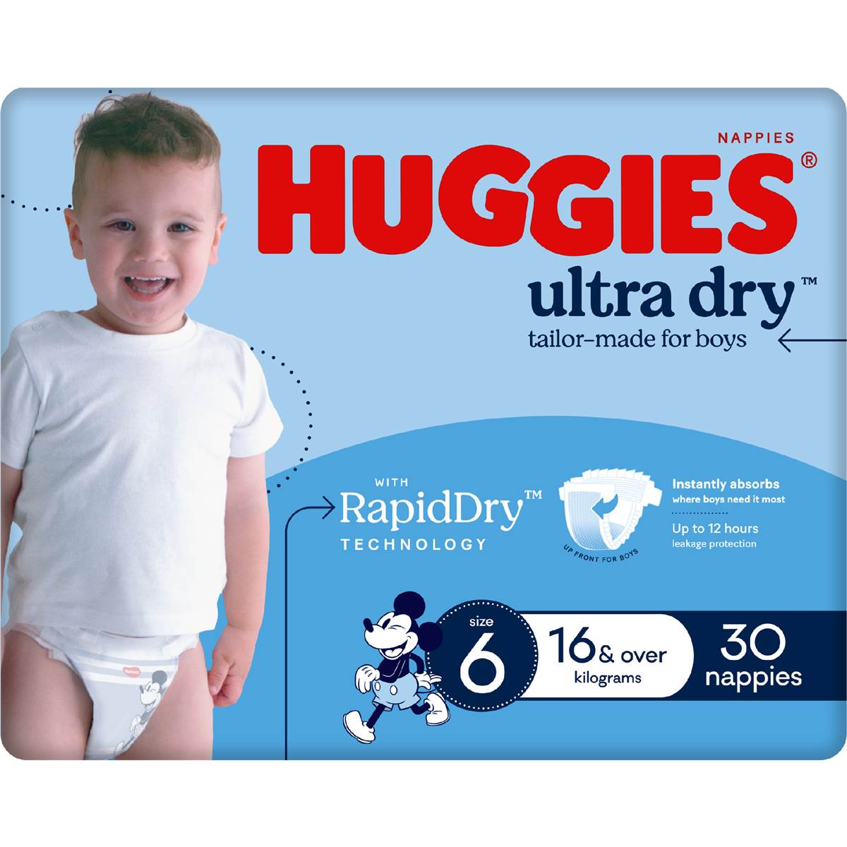 Huggies Ultra Dry Nappies Boys Size 6 (16kg+) 30 Pack