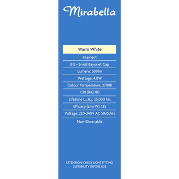 Mirabella LED Candle Filament SBC 4.0W 500lm Warm White each