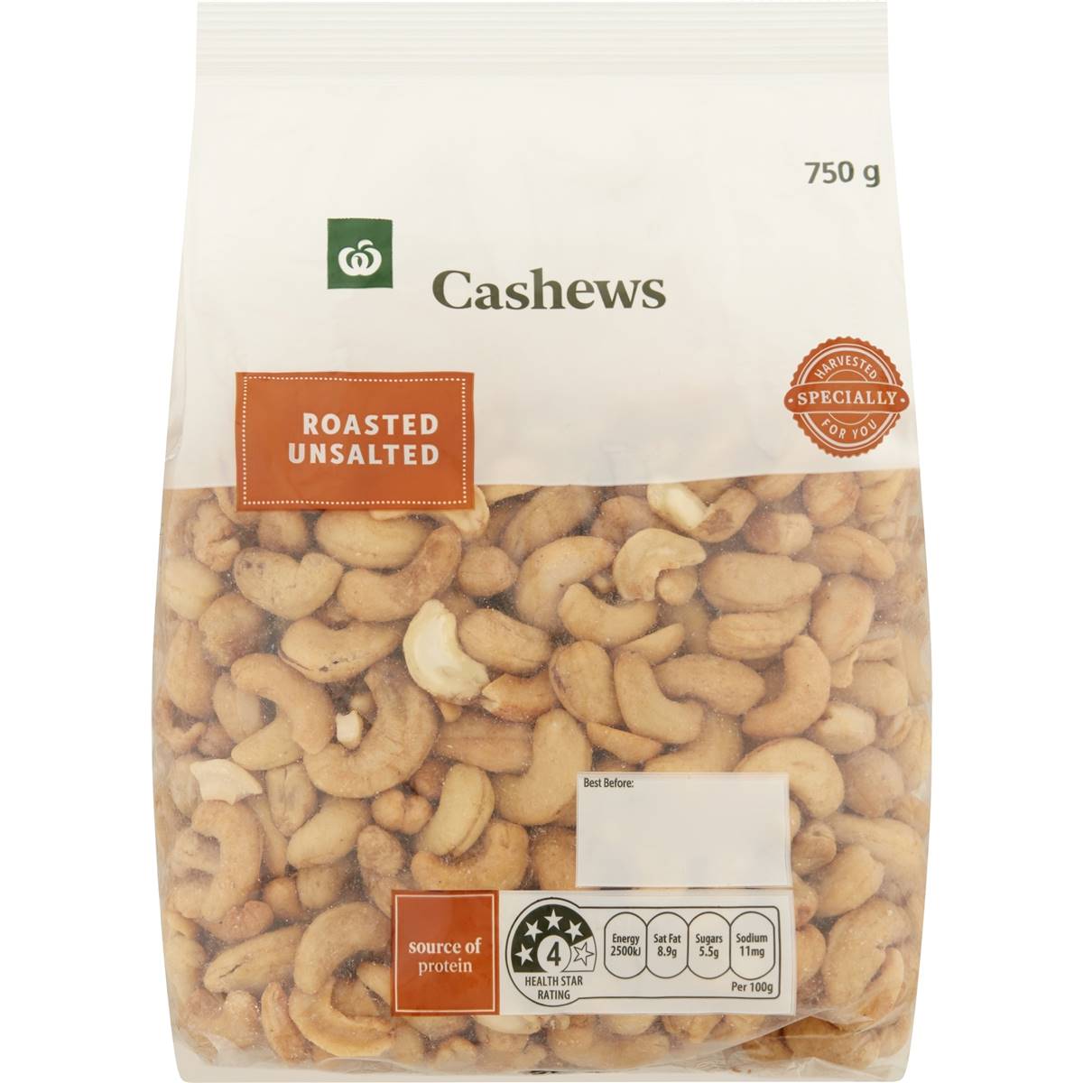 Woolworths Cashews Roasted & Unsalted 750g