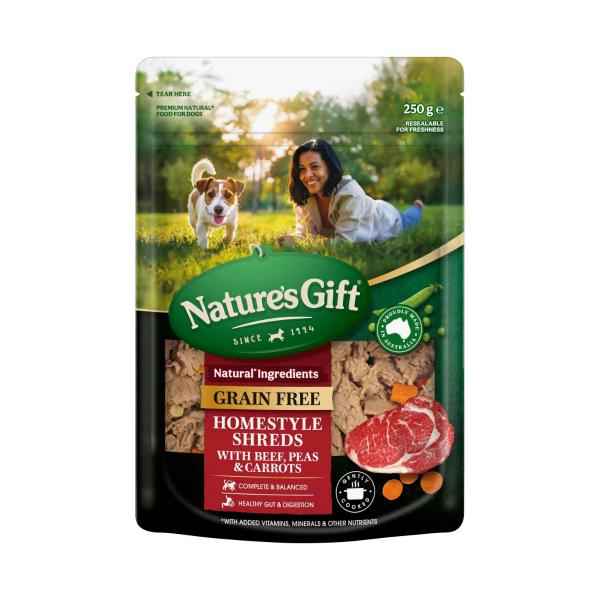 NATURE'S GIFT GRAIN FREE HOMESTYLE SHREDS WITH BEEF PEAS & CARROTS DOG FOOD 250G