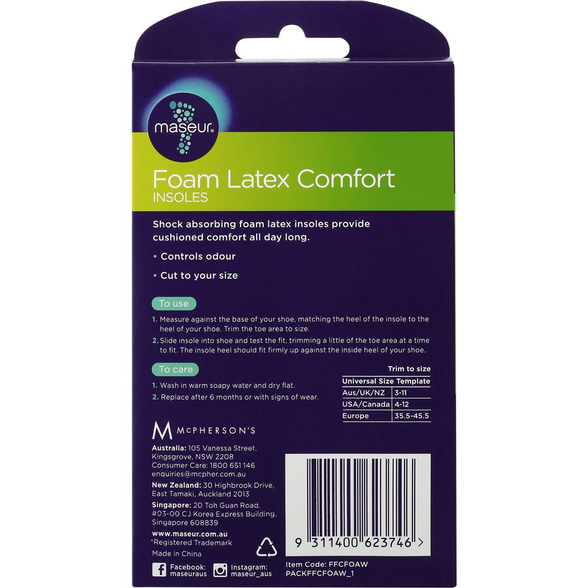 Maseur Footcare Foam Latex Insole 1 Pair