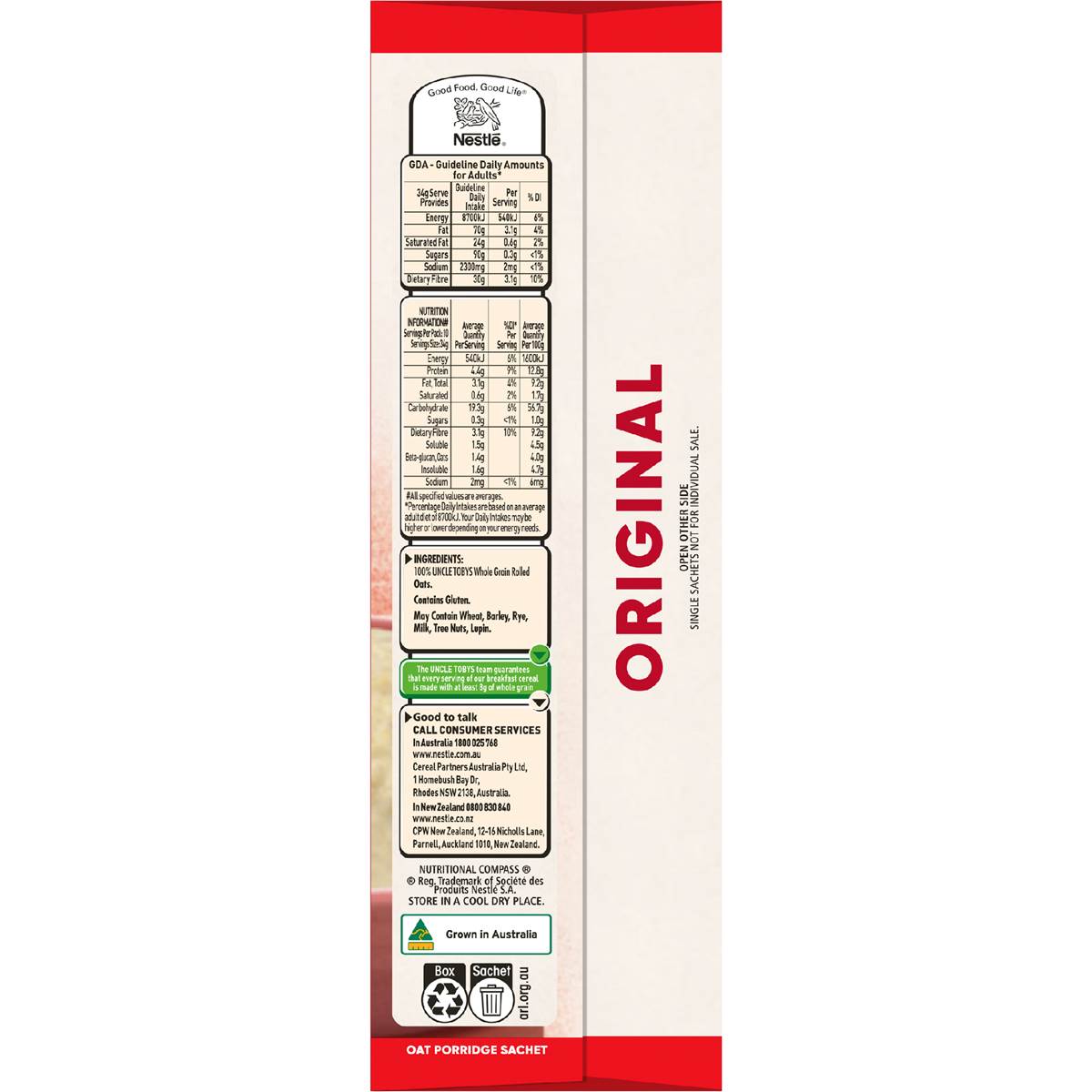 Uncle Tobys Oats Quick Sachets Original Porridge 340g