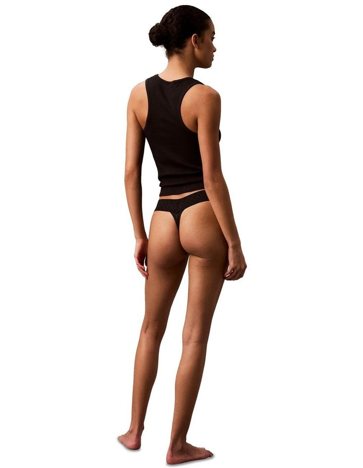 Logo Lace Trim Low Rise Thong in Black