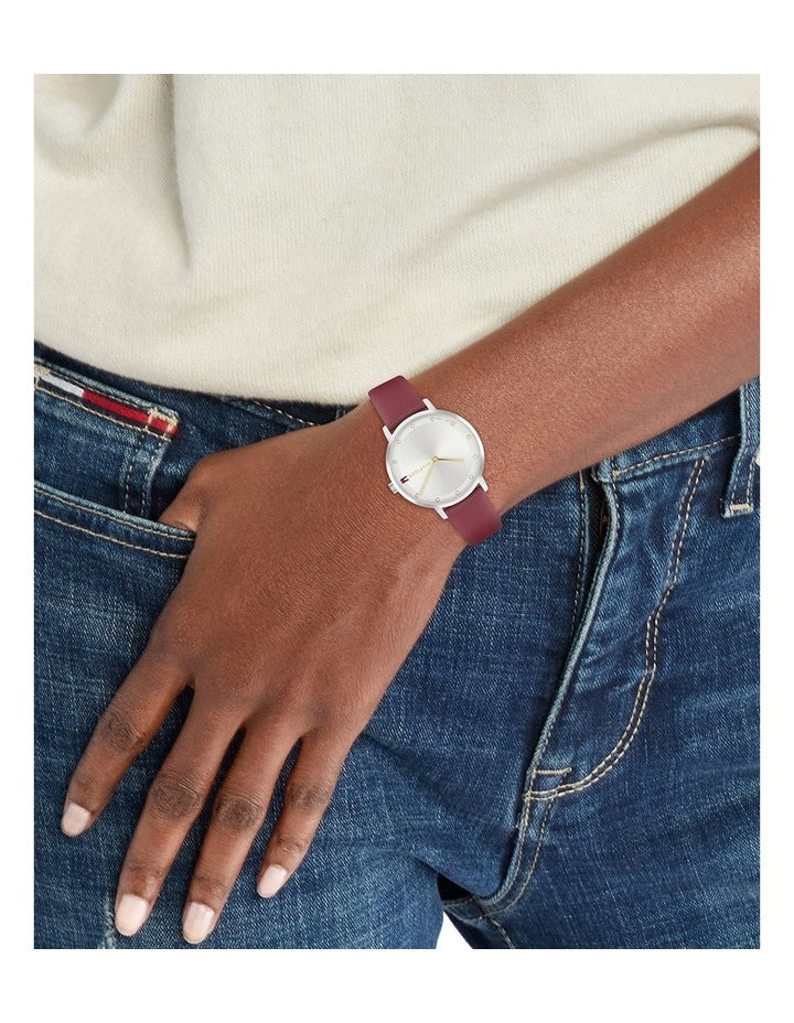 Pippa Cranberry Leather Dial Watch in Silver/White