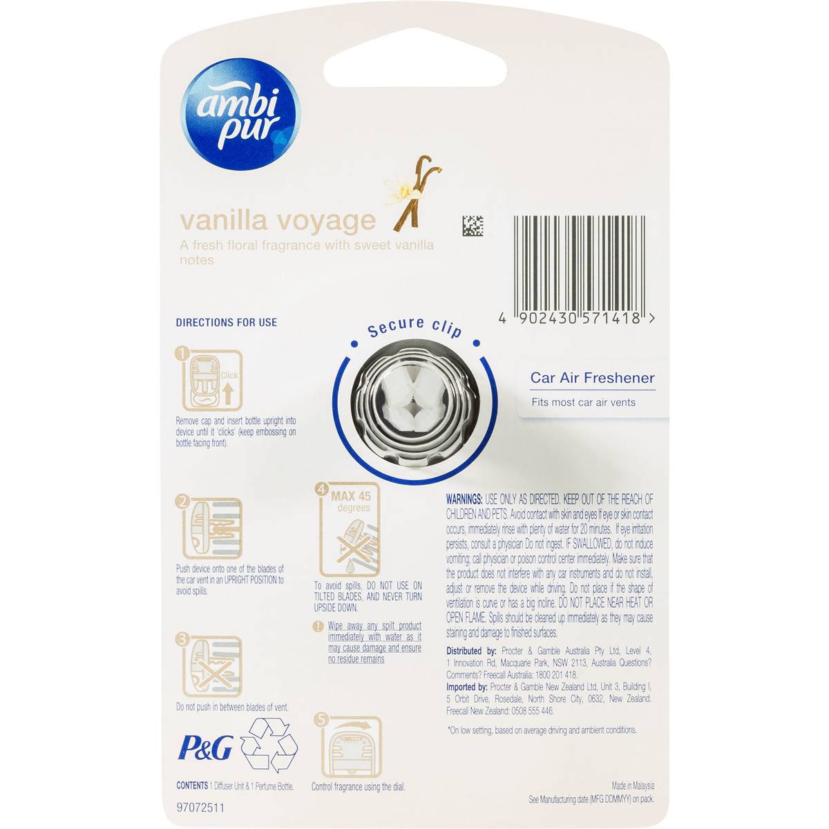 Ambi Pur Premium Clip Car Air Freshener Vanilla Voyage 7.5ml