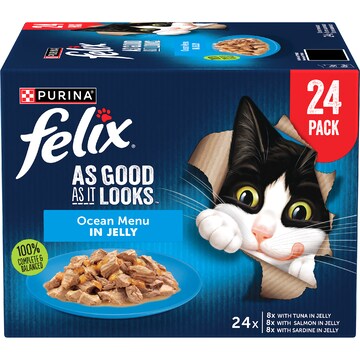 Felix Ocean Menus In Jelly Cat Food Tuna Salmon & Sardine 85g x 24 pack