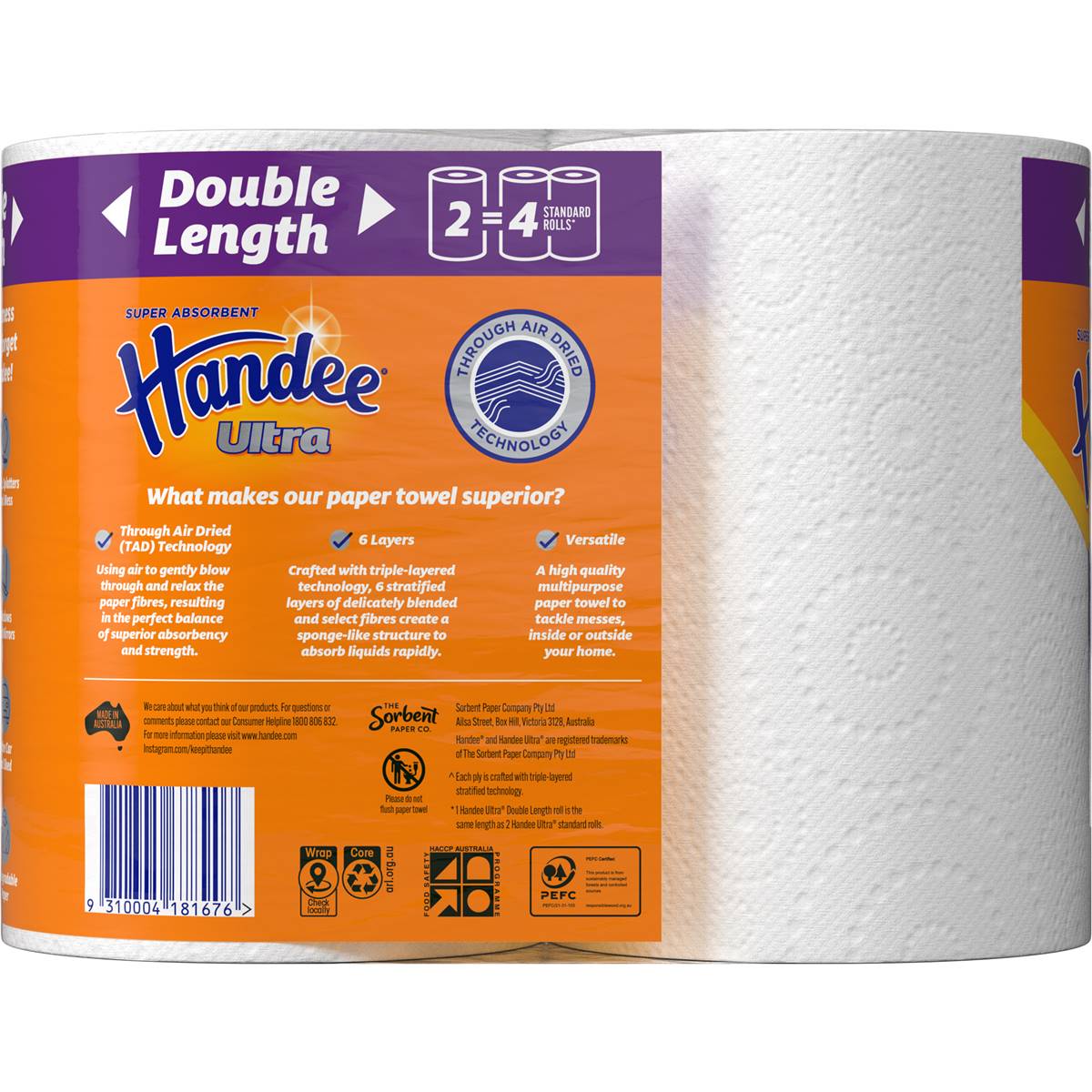 Handee Ultra Paper Towel Double Length White 240 Sheets 2 Pack