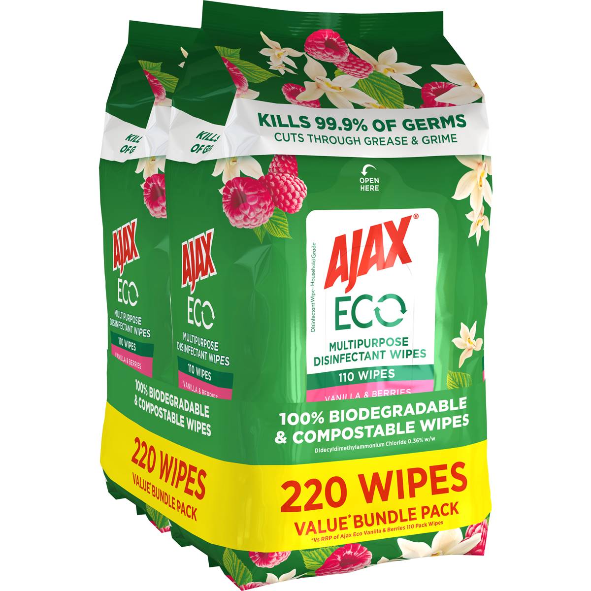 Ajax Antibacterial Wipes Eco Vanilla & Berries 110 Wipes 2 pack