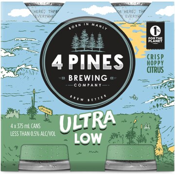 4 Pines Ultra Low Alcohol 0.5% Beer Cans 375mL x 4 pack