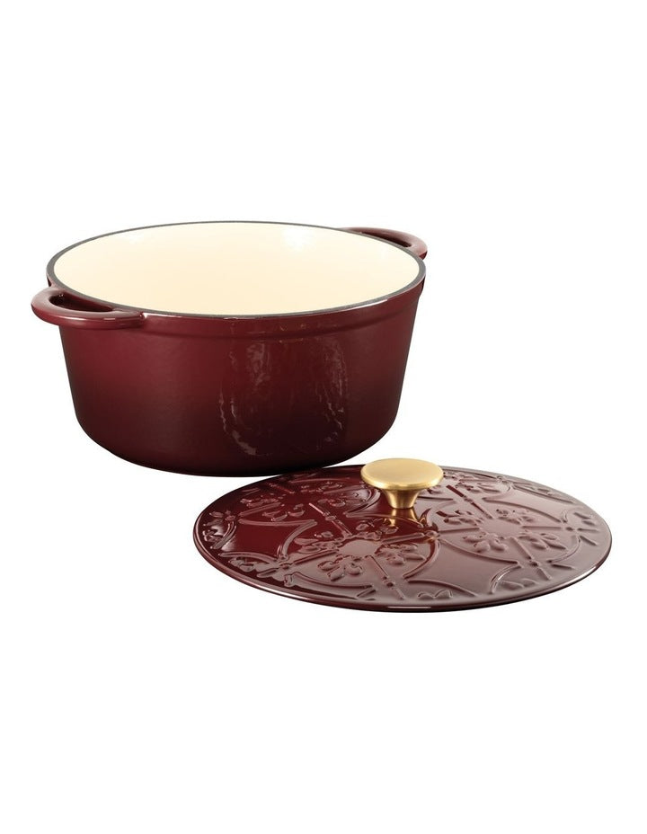 Fleur De Lis Cast Iron Casserole with Lid 26cm/5.0lt in Burgundy