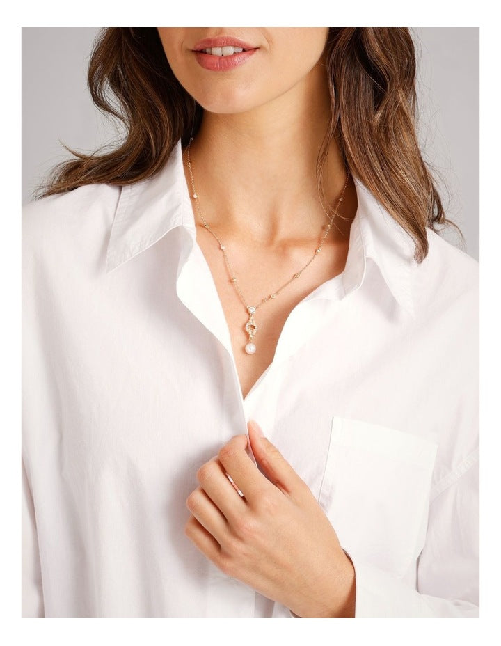 Pearl & Diamante Pendant Necklace in Gold