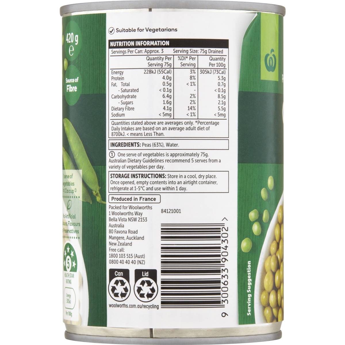 Woolworths Garden Peas Green 420g