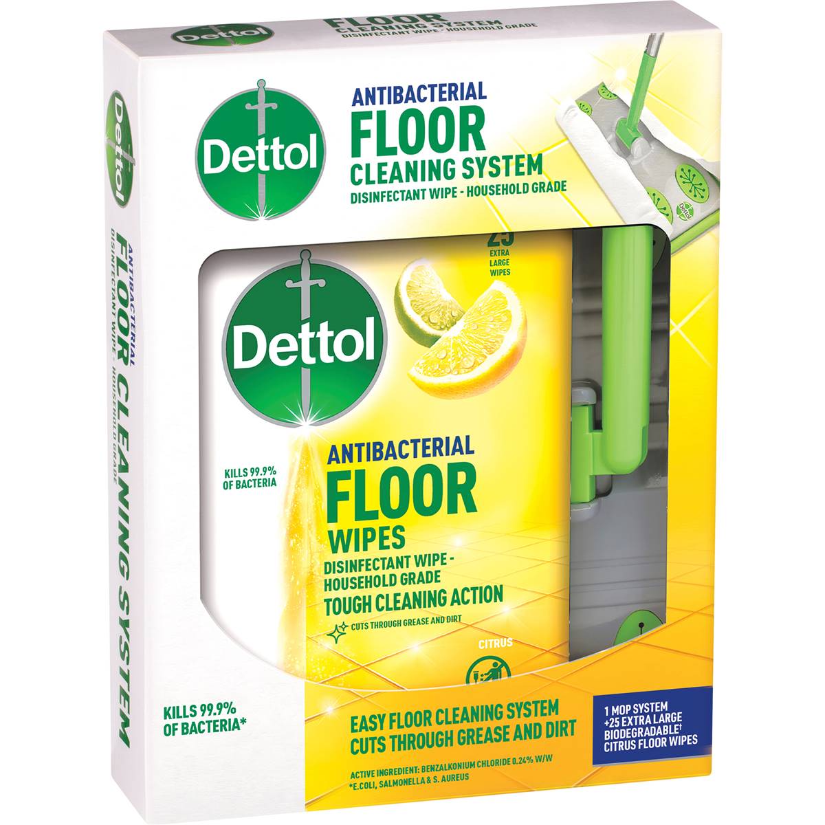 Dettol Antibacterial Floor Mop System With 25 Floor Cleaning Wipes 1 Pack