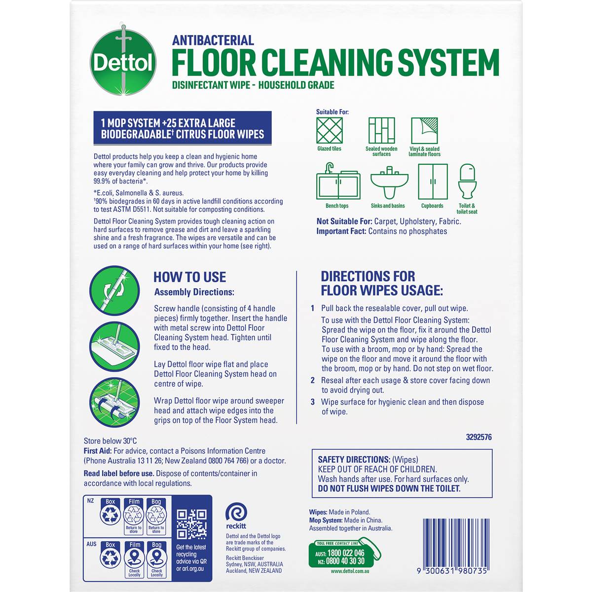 Dettol Antibacterial Floor Mop System With 25 Floor Cleaning Wipes 1 Pack