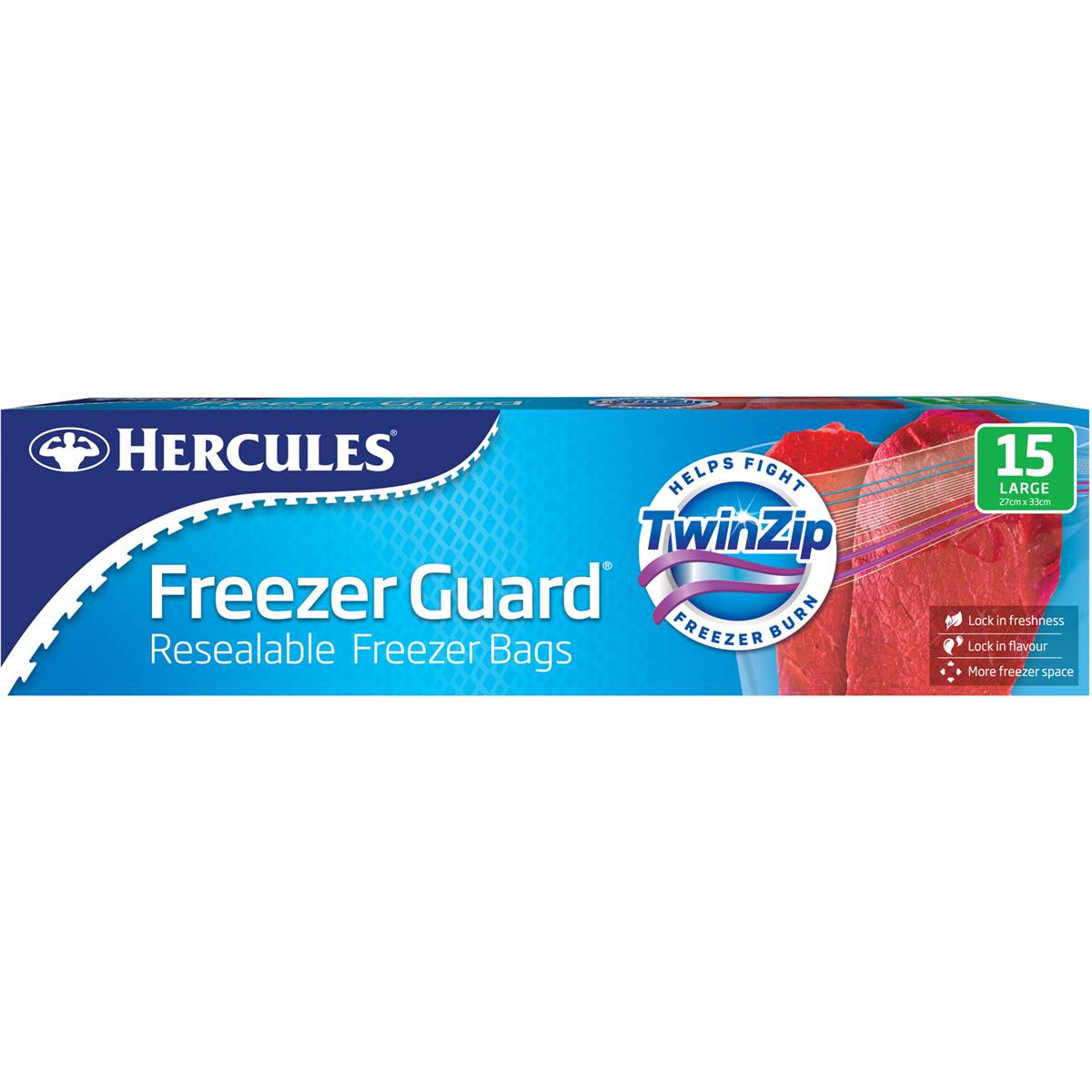 Hercules Freezer Guard Resealable Freezer Bags Twin Zip Large 15 pack