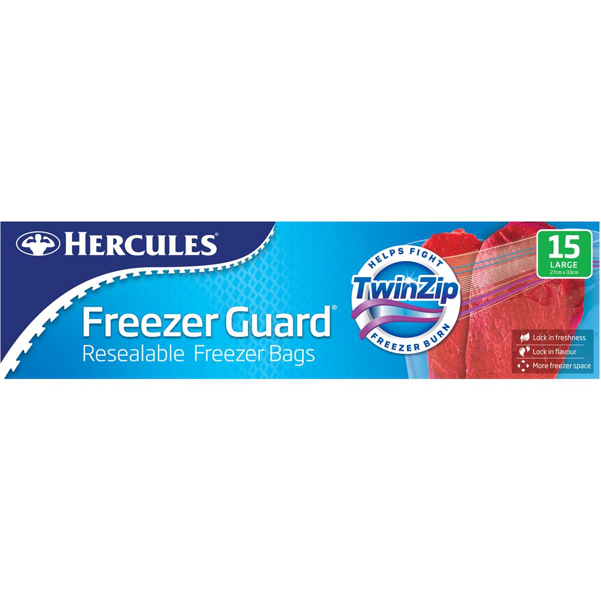 Hercules Freezer Guard Resealable Freezer Bags Twin Zip Large 15 pack