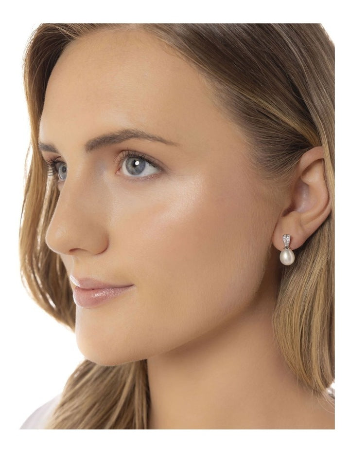 Sparkling Drop Pearl Earrings in White