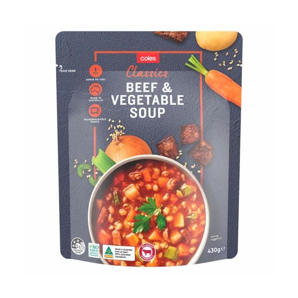 COLES BEEF VEGETABLE POUCH SOUP:BEEF & VEGETABLE:.:430 GRAM