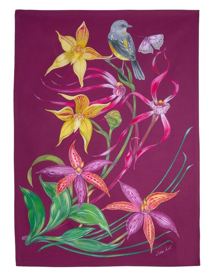 Eloise Short Lyric Tea Towel 50x70cm Yellow Robin in Aubergine