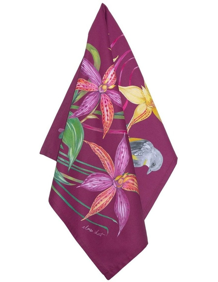 Eloise Short Lyric Tea Towel 50x70cm Yellow Robin in Aubergine
