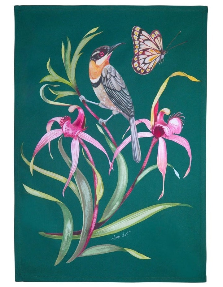 Eloise Short Lyric Tea Towel 50x70cm Spinebill Honeyeater in Forest