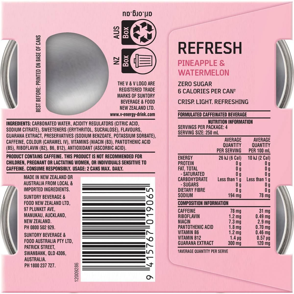 V Energy Refresh Pineapple & Watermelon Zero Sugar Cans 250ml x4 Pack