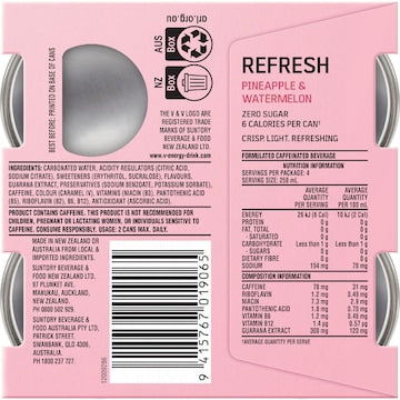 V Energy Refresh Pineapple & Watermelon Zero Sugar Cans 250mL x 4 pack