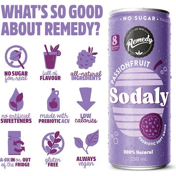 Remedy Passionfruit Sodaly Prebiotic Soda No Sugar Cans 250mL x 4 pack