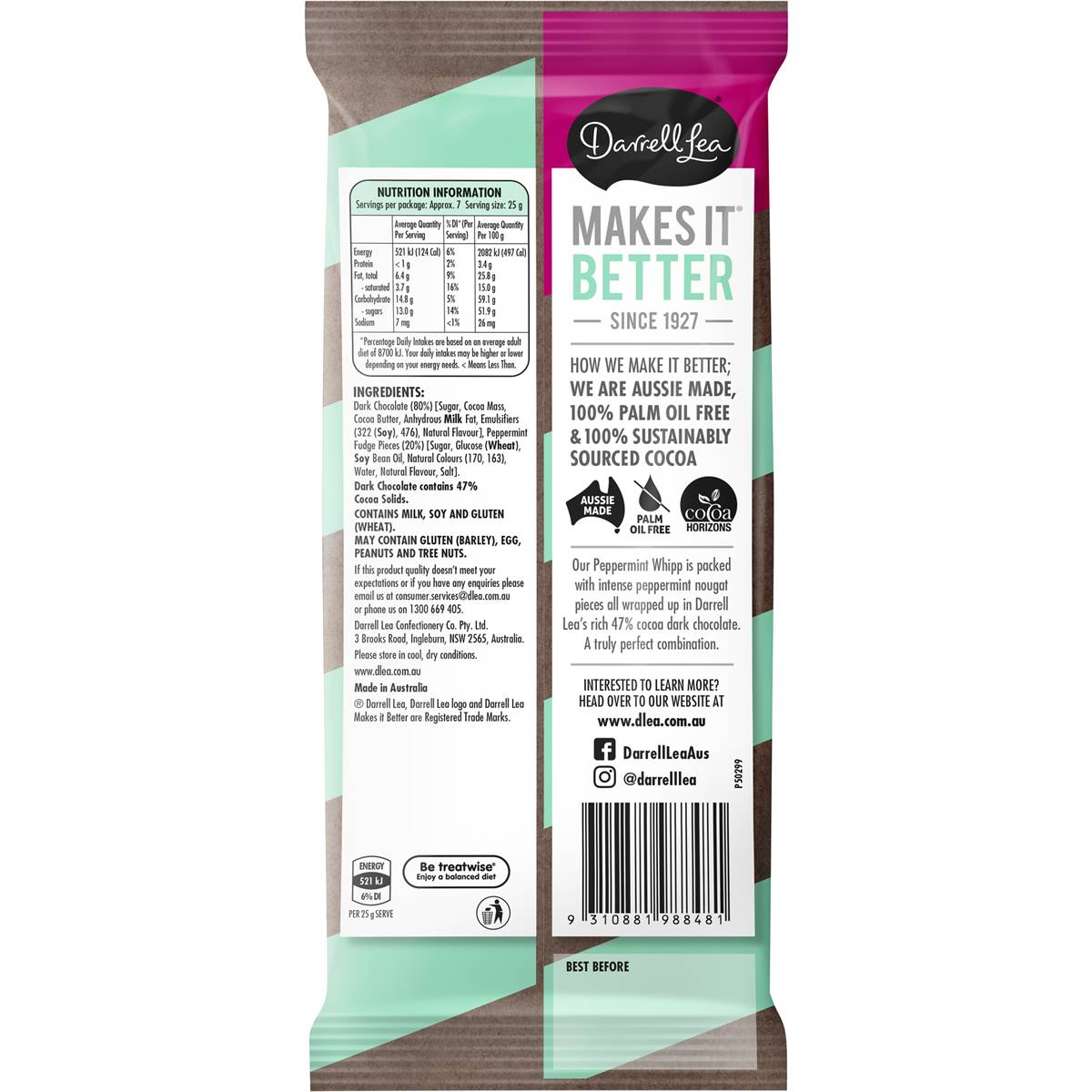 Darrell Lea Whipp Peppermint Dark Chocolate Block 170g