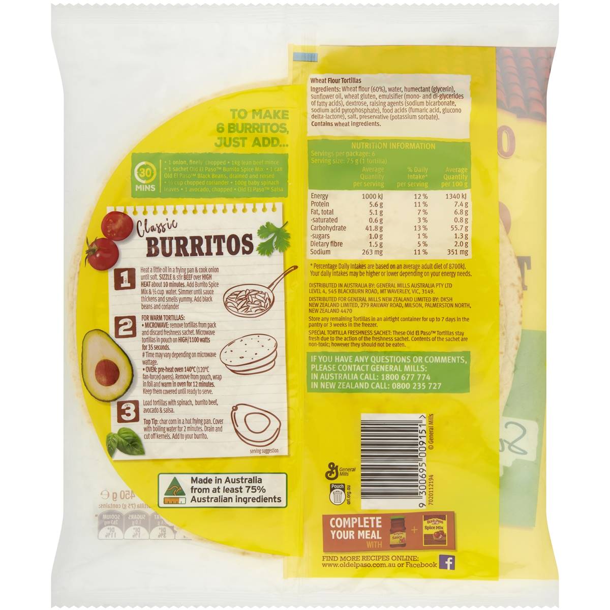 Old El Paso Burrito Tortilla Jumbo Wraps 6 pack