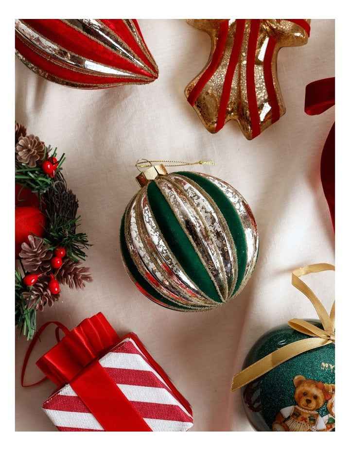 Heirloom Christmas Glass Mercurised Striped Bauble withFlocking 8cm in Green
