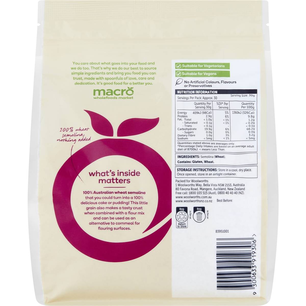 Macro Natural Semolina Flour 925g