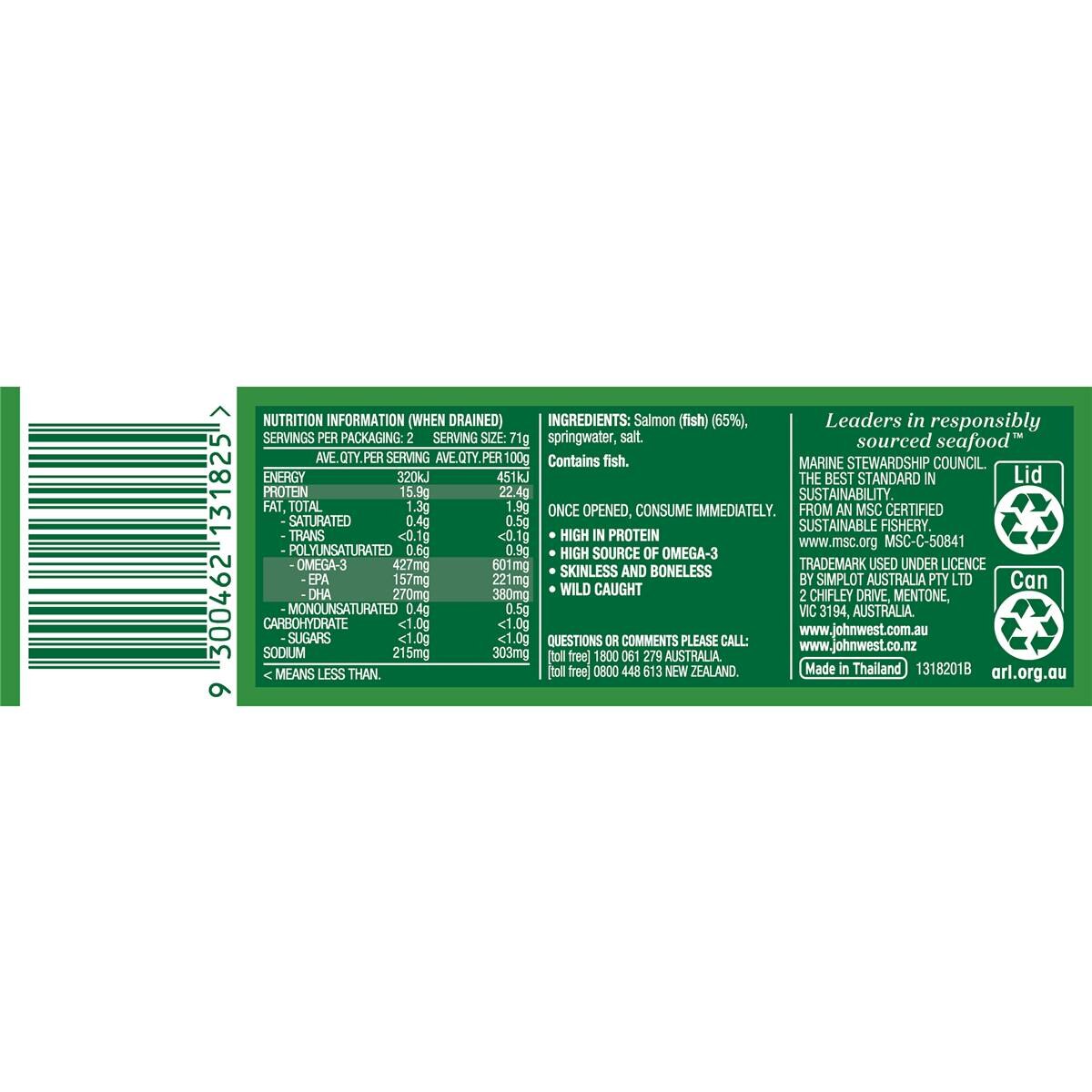 John West Skinless & Boneless Salmon In Springwater 200g