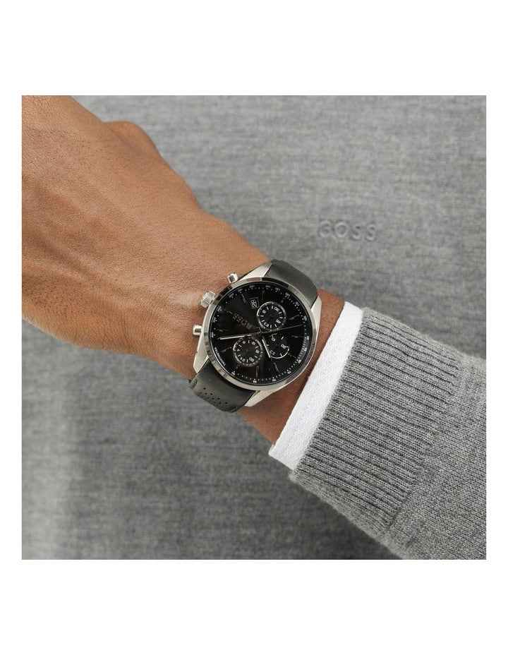 Grand Prix 44 Leather Dial Watch in Black