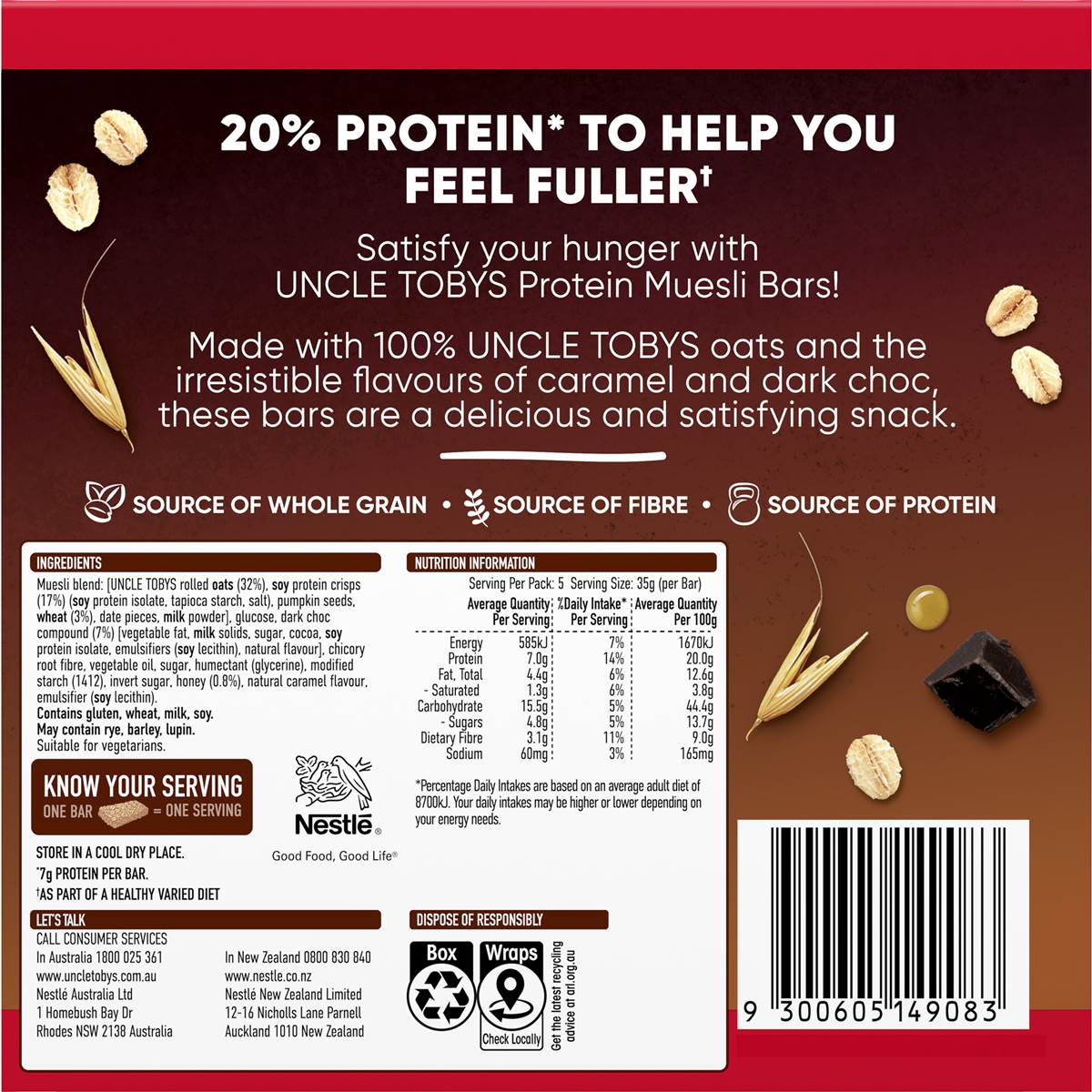 Uncle Tobys Protein Caramel Flavour Dark Choc Muesli Bars 5 Pack